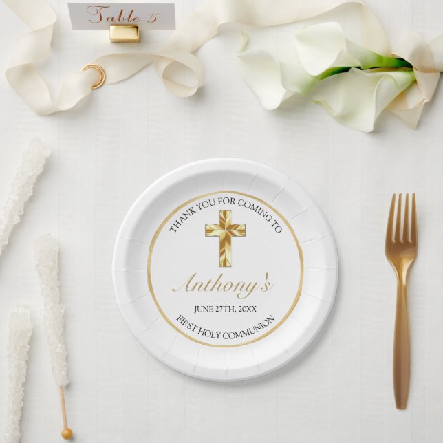 Elegant Gold First Holy Communion Thank You Paper Plates (Wedding)