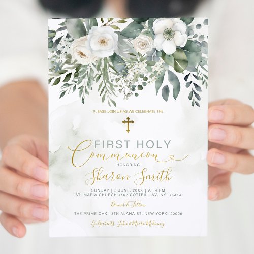 Elegant Gold First Holy Communion White Floral Invitation