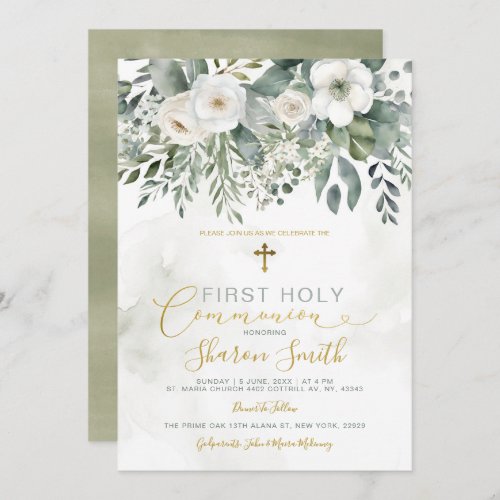 Elegant Gold First Holy Communion White Floral Invitation