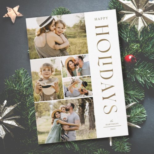 Elegant Gold Five Photo Collage Happy Holidays Holiday Card