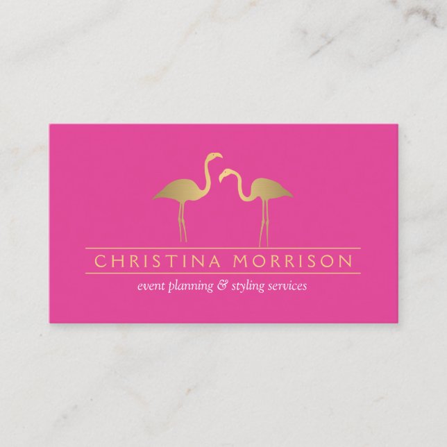 Elegant Gold Flamingos Event Planner Pink Business Card (Front)