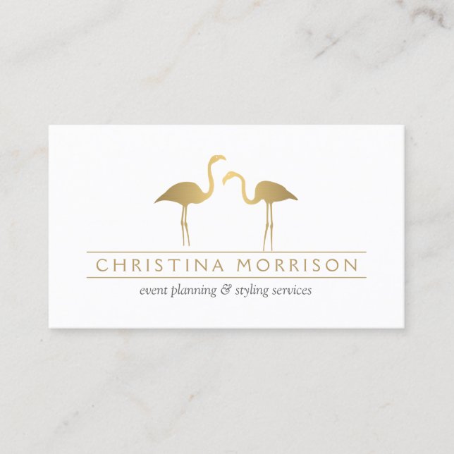 Elegant Gold Flamingos Event Planner White Business Card (Front)