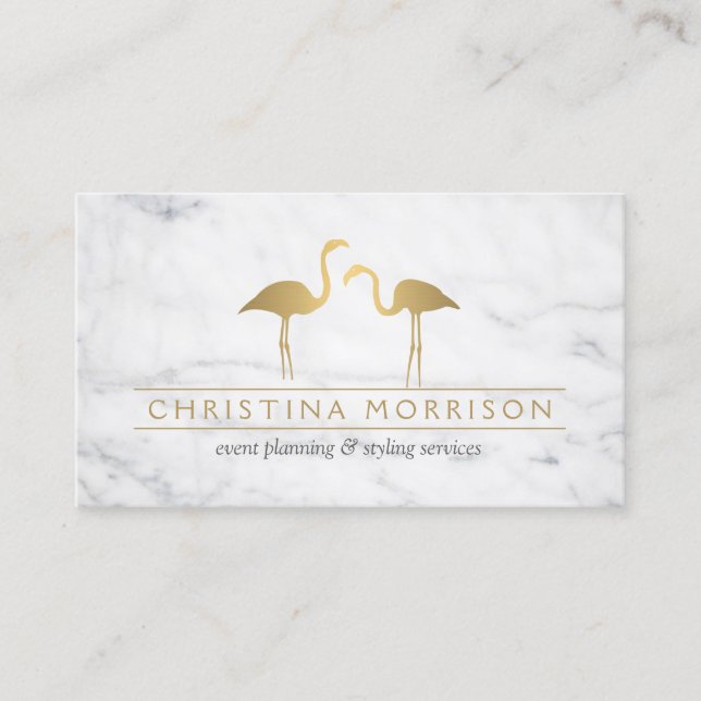 Elegant Gold Flamingos Event Planner White Marble Business Card (Front)