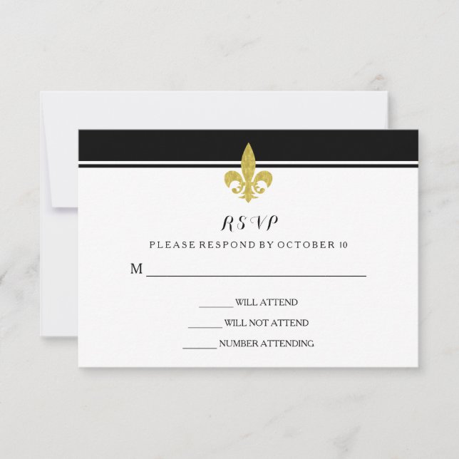Elegant Gold Fleur de Lis Black and White RSVP Card (Front)