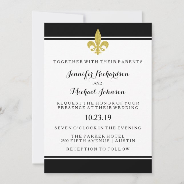Elegant Gold Fleur de Lis Black and White Wedding Invitation (Front)