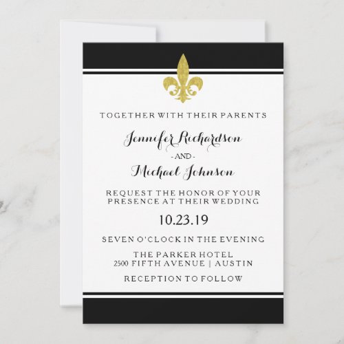 Elegant Gold Fleur de Lis Black and White Wedding Invitation