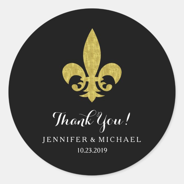Elegant Gold Fleur de Lis for Wedding on Black Classic Round Sticker (Front)
