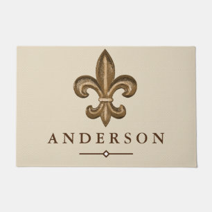 Elegant Gold Fleur de Lis & Taupe Personalized Doormat