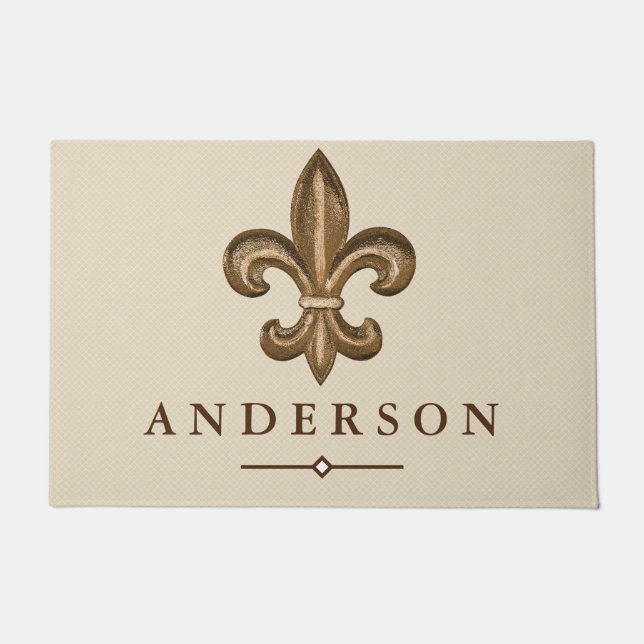 Elegant Gold Fleur de Lis & Taupe | Personalized Doormat (Front)