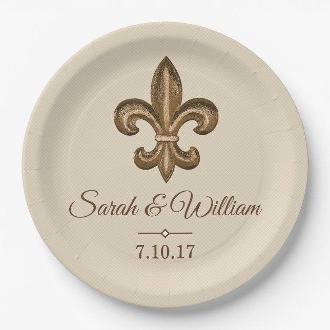 Elegant Gold Fleur de Lis & Taupe | Personalized Paper Plates (Front)