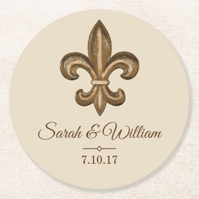Elegant Gold Fleur de Lis & Taupe | Personalized Round Paper Coaster (Front)
