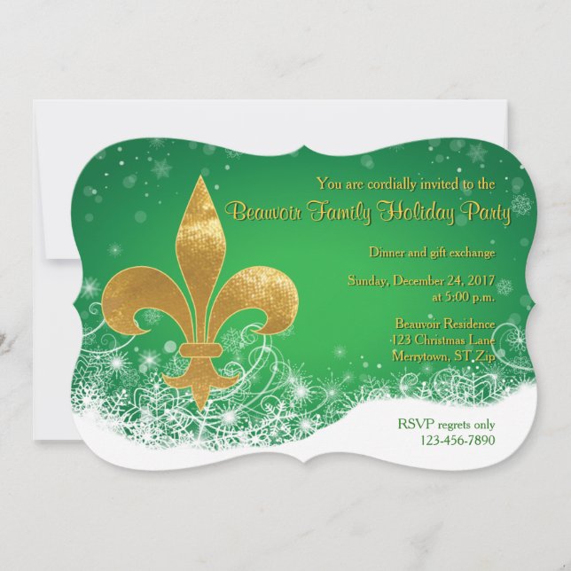 Elegant Gold Fleur Green Holiday Invitation (Front)
