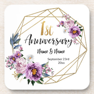 Elegant Gold Floral 1st Year Anniversary Beverage Coaster
