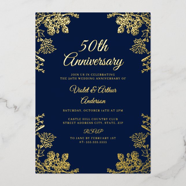 Elegant Gold Floral 50th Wedding Anniversary Foil Invitation (Front)