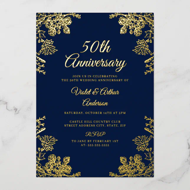 Elegant Gold Floral 50th Wedding Anniversary Foil Invitation | Zazzle