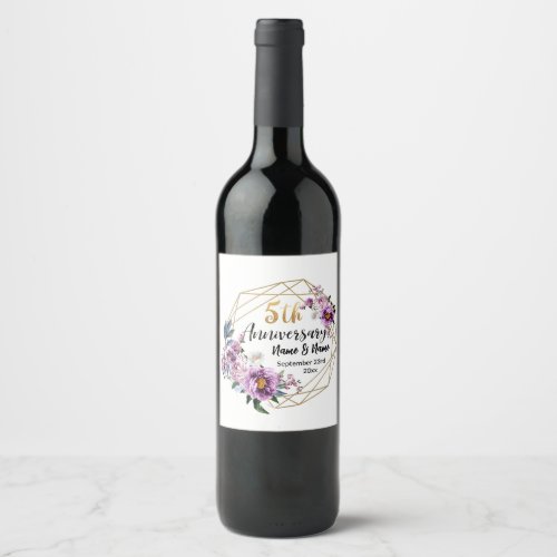 Elegant Gold Floral 5 Year Anniversary  Wine Label