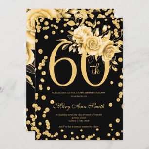 Elegant Gold Floral 60th Birthday Party Black Invitation