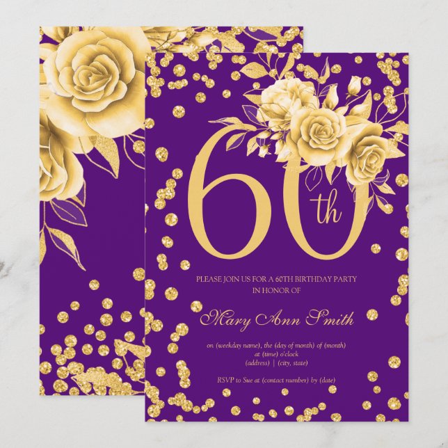 Elegant Gold Floral 60th Birthday Party Purple  Invitation (Front/Back)