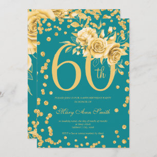 Elegant Gold Floral 60th Birthday Party Teal  Invitation