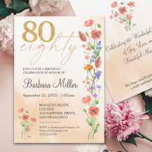 Elegant Gold Floral 80th Birthday – 80 Years Invit