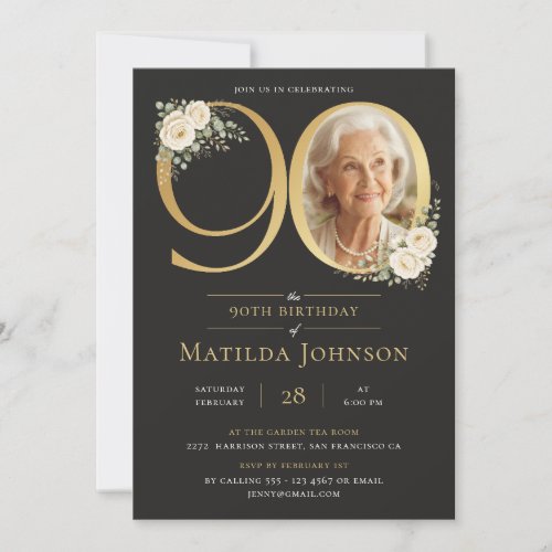 Elegant Gold Floral 90th Birthday Photo Invitation