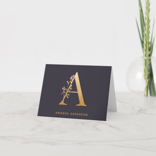 Elegant Gold Floral A Monogram Chic Personalized Note Card