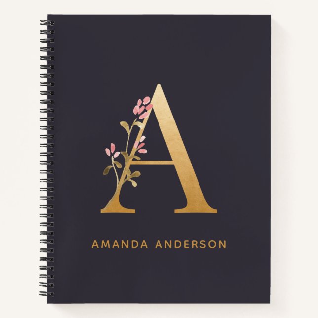 Elegant Gold Floral A Monogram Chic Personalized Notebook (Front)