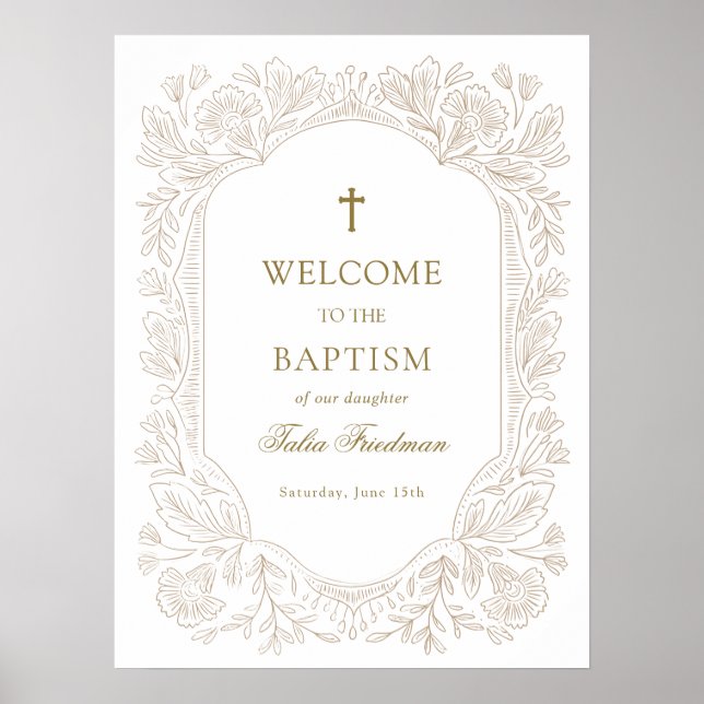 Elegant Gold Floral Baptism Welcome Poster (Front)