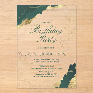 Elegant Gold Floral Birthday Party Acrylic Invitations