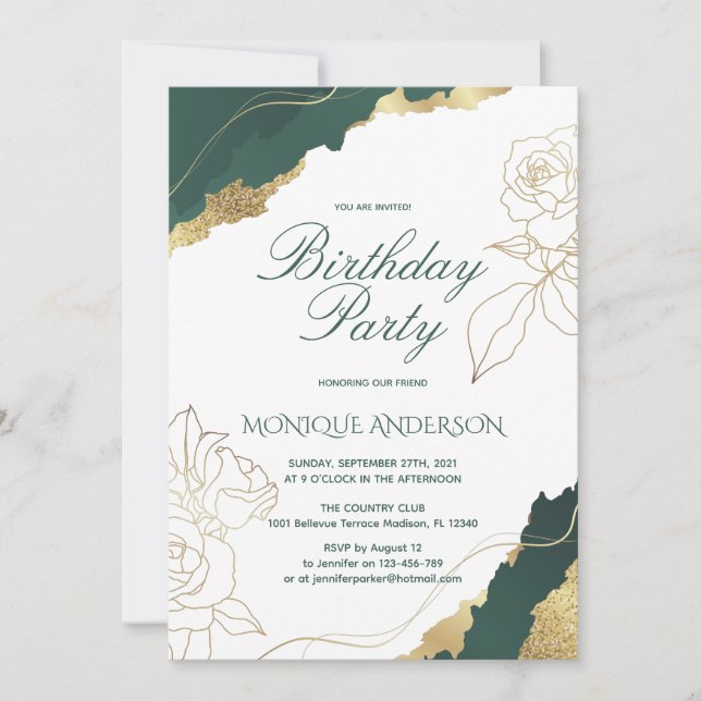 Elegant Gold Floral Birthday Party Invitation (Front)