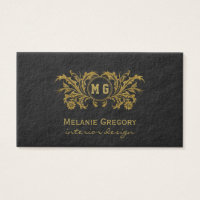 Elegant Gold Floral Black Custom Monogram Business Card