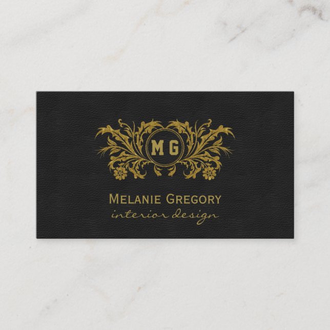 Elegant Gold Floral Black Custom Monogram Business Card (Front)