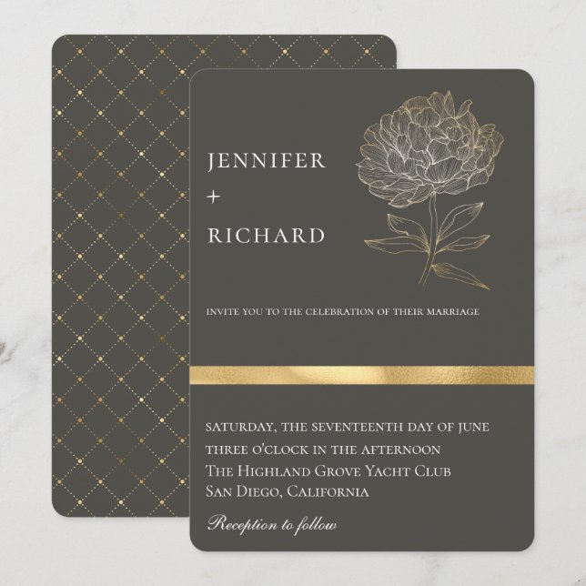 Elegant Gold Floral Botanical Gray Wedding Invitation (Front/Back)