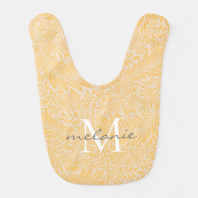 Elegant Gold Floral Botanical Script Monogram Baby Bib (Front)