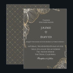 Elegant Gold Floral Botanical Wedding Invitation<br><div class="desc">Beautiful golden line work botanical flowers and foliage on trendy beluga gray,  wedding invitation. Back of card features an elegant golden diamond lattice pattern.</div>