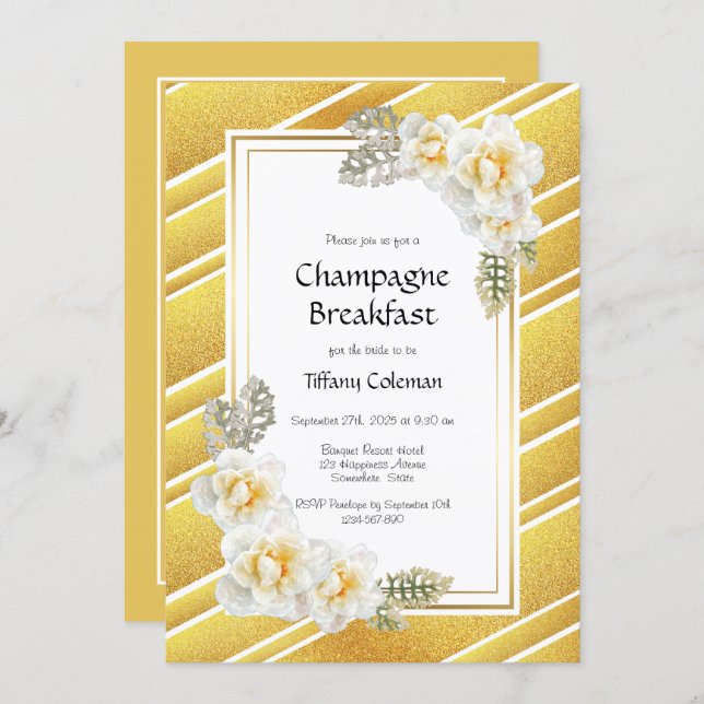 Elegant Gold Floral Bridal Champagne Breakfast Invitation (Front/Back)