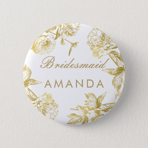Elegant Gold Floral Bridesmaid Name Tag Button