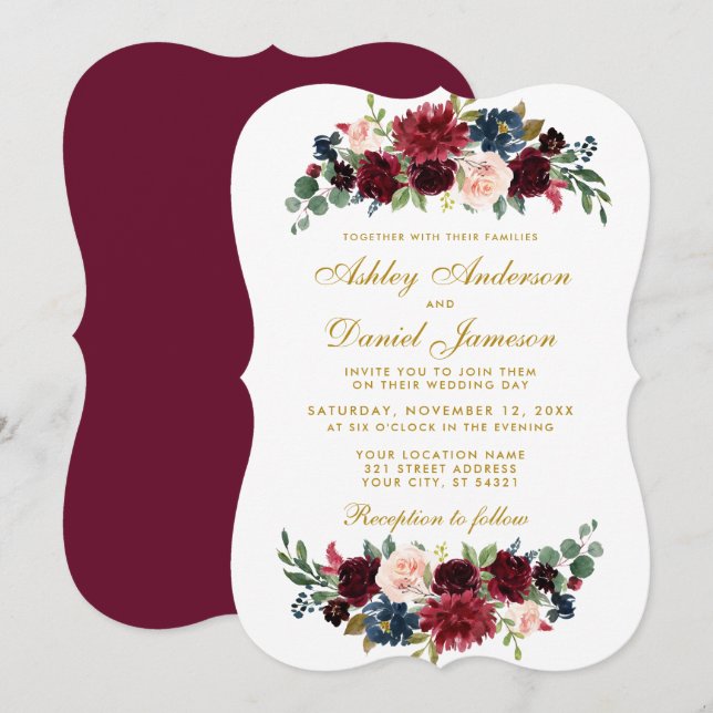 Elegant Gold  Floral Burgundy Blue Wedding BR Invitation (Front/Back)