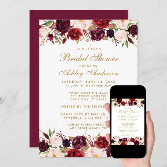 Elegant Gold Floral Burgundy Bridal Shower Invitation Zazzle