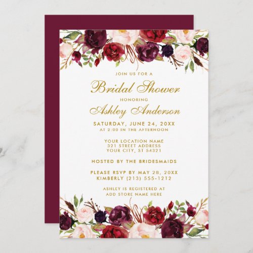 Elegant  Gold Floral Burgundy Bridal Shower Invitation