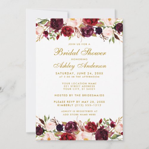 Elegant  Gold Floral Burgundy Bridal Shower W Invitation