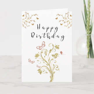 Elegant Gold Floral Butterfly Happy Birthday Card