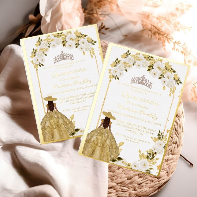Elegant Gold Floral Butterfly Quinceanera Foil Invitation (Creator Uploaded)
