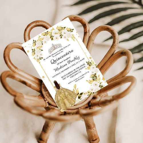Elegant Gold Floral Butterfly  Quinceanera  Invitation