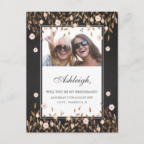 Elegant Gold Floral Chalkboard Photo Bridesmaid Invitation Postcard