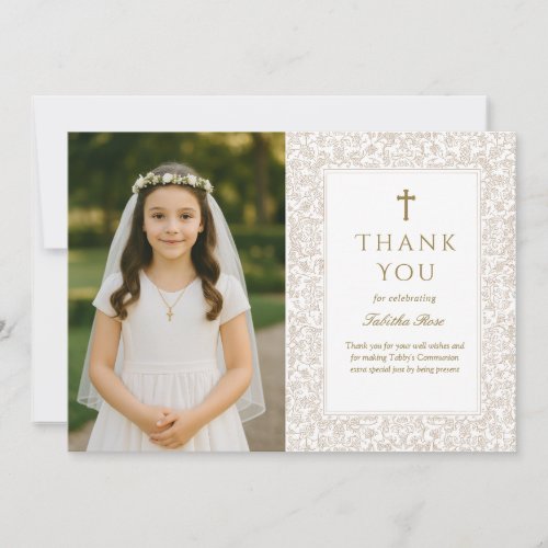 Elegant Gold Floral Communion Thank You Card