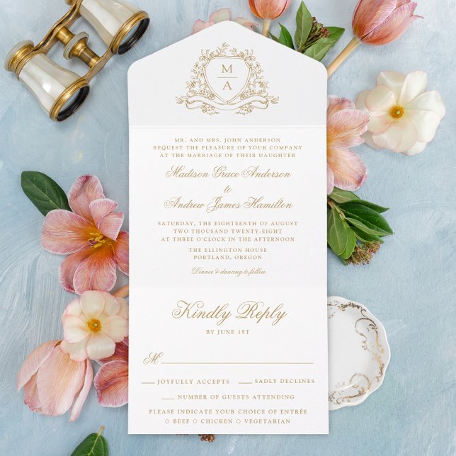 Elegant Gold Floral Crest Monogram Wedding  All In One Invitation (Creator Uploaded)