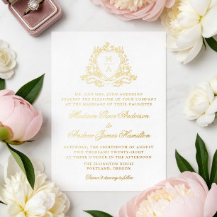 Elegant Gold Floral Crest Monogram Wedding Foil Invitation