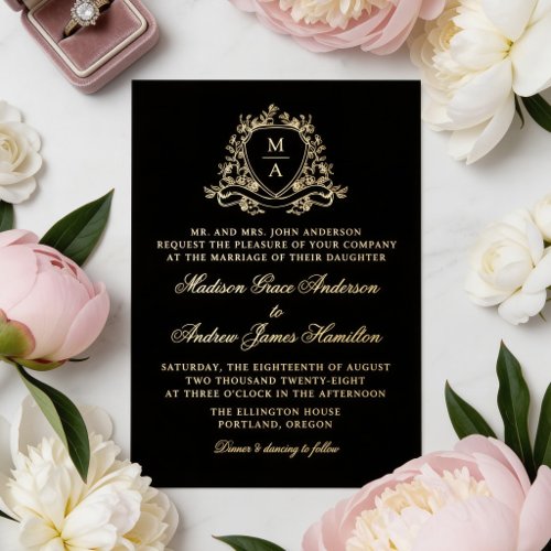 Elegant Gold Floral Crest Monogram Wedding Foil Invitation