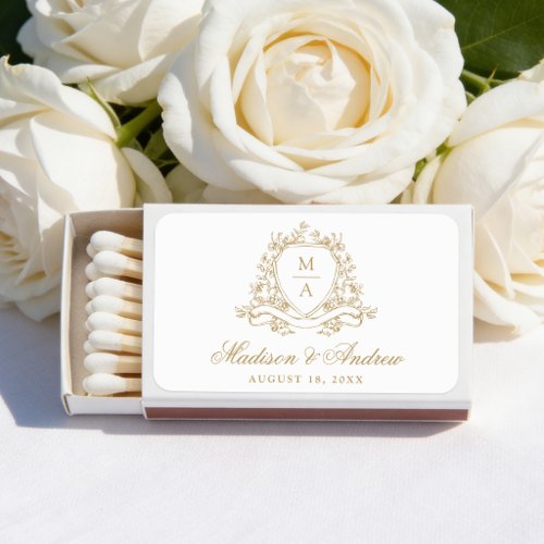 Elegant Gold Floral Crest Monogram Wedding Matchboxes